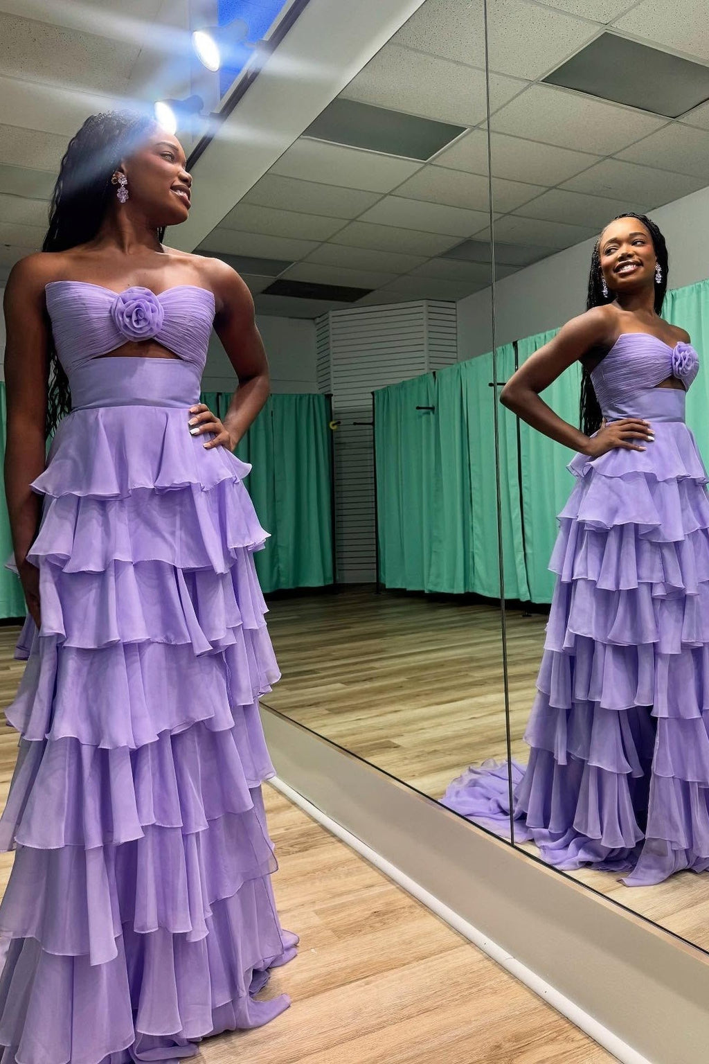 Royal Blue A-Line Strapless Long Tiered Chiffon Prom Dresses