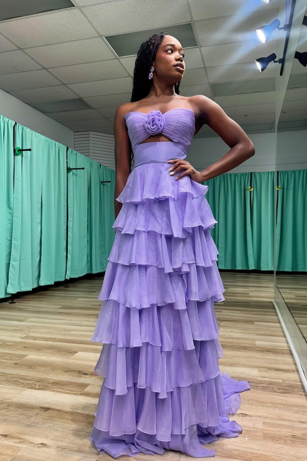 Royal Blue A-Line Strapless Long Tiered Chiffon Prom Dresses