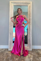Satin Mermaid Halter Keyhole Fuchsia Long Prom Dresses