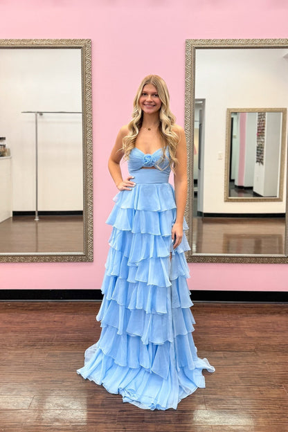 Robes de bal longues en mousseline étagée, coupe trapèze, bustier, bleu roi