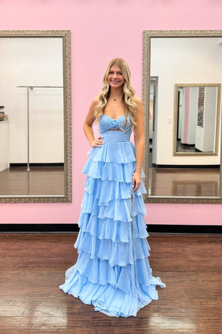 Royal Blue A-Line Strapless Long Tiered Chiffon Prom Dresses