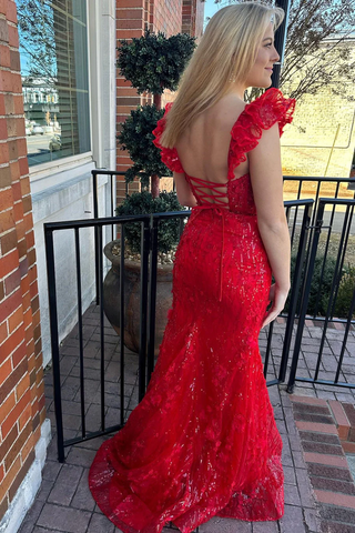 Mermaid Red Floral Lace Sweetheart Long Prom Dresses