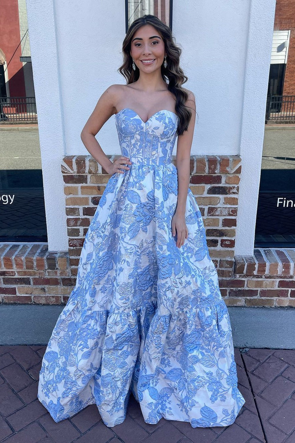 A Line Blue Jacquard Satin Long Sweetheart Prom Dresses