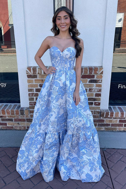 jacquard satin dress A Line Blue Jacquard Satin Long Sweetheart Prom Dresses – luladress