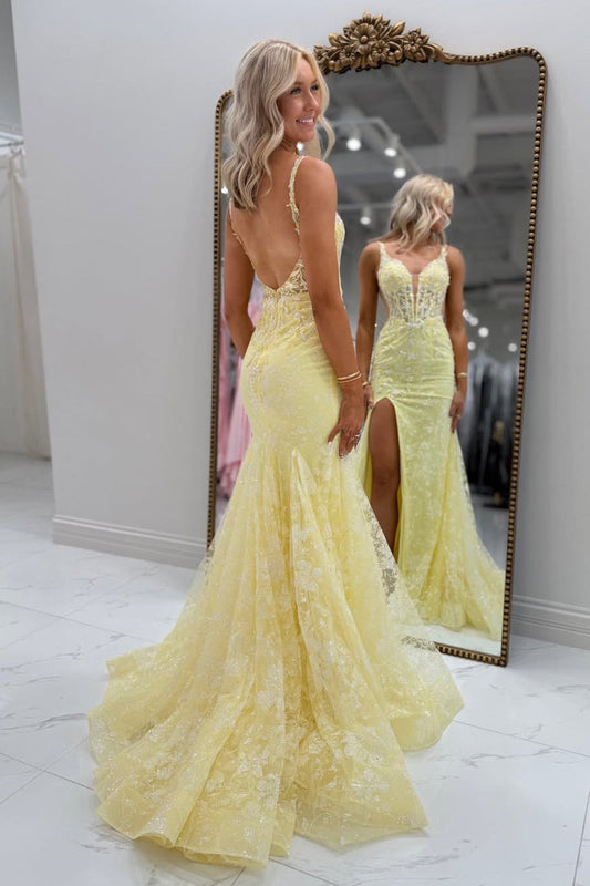 Robe de soirée longue sirène à col en V en tulle jaune avec appliqués