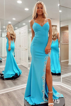 Mermaid V Neck Light Blue Satin Beaded Long Prom Dresses