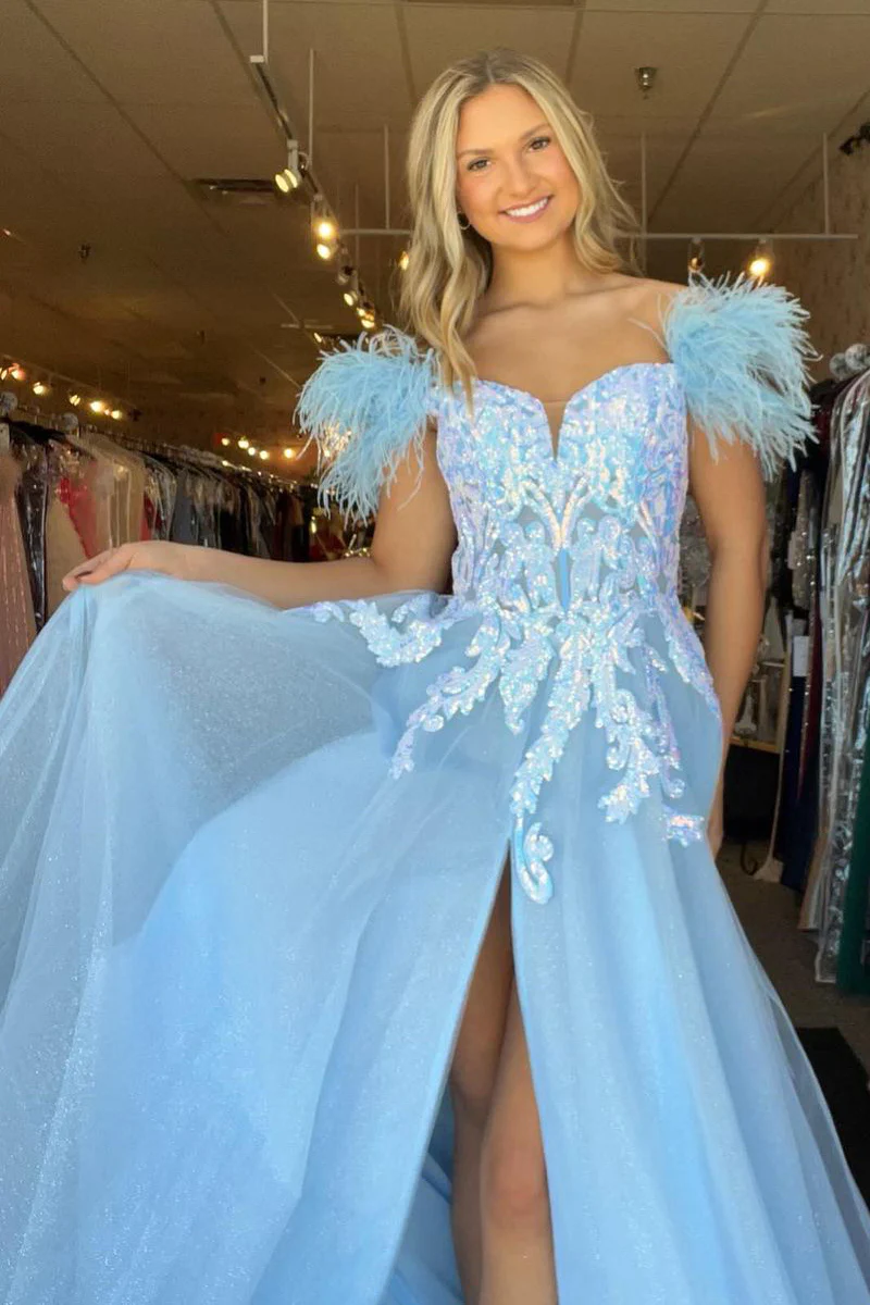 Light Blue Off the Shoulder Sequin Long Lace Prom Dress luladress Light Blue Off the Shoulder Sequin Long Lace Prom Dress luladress