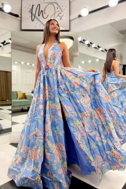 Robes de bal longues imprimées fleuries bleues licou trapèze