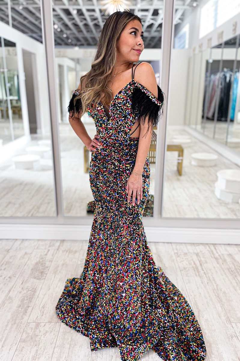 Purple Iridescent Sequin Feather Cold-Shoulder Cutout Mermaid Prom Dre –  luladress