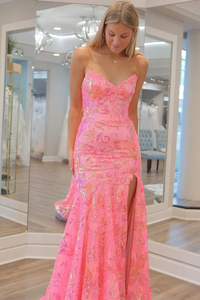 Mermaid Strapless Pink Sequin Lace Long Prom Dresses,BD93295