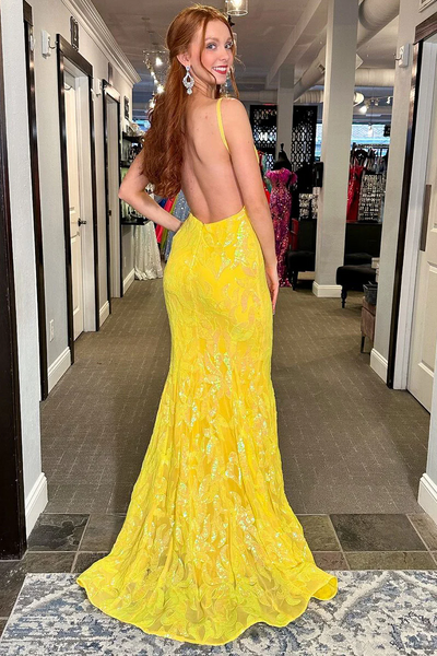 Mermaid V Neck Yellow Sequins Lace Backless Long Prom Dresses,BD93326