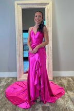Mermaid V Neck Pink Satin Long Prom Dresses