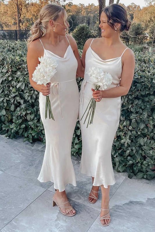 Simple Sheath Cowl Neck Silk Satin Tea Length Bridesmaid Dresses