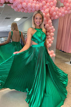 A-Line Halter Pleated Satin Long Prom Dresses