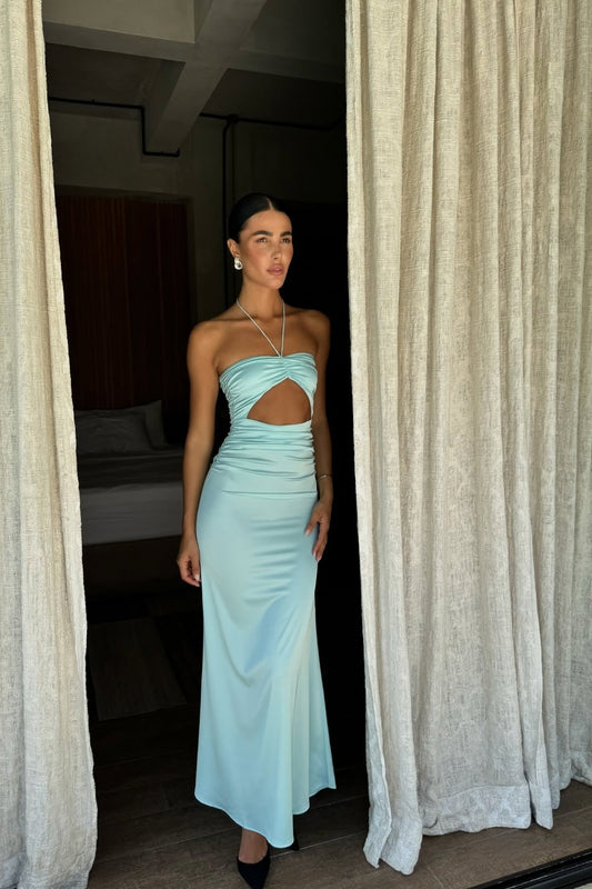 Robe de soirée longue sirène en mousseline sarcelle à col licou et gaine sexy