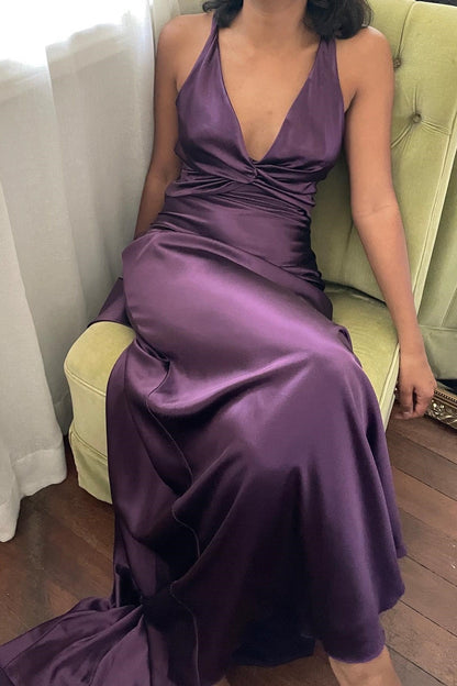 Robe de soirée sirène longue jaune dos nu avec col halter