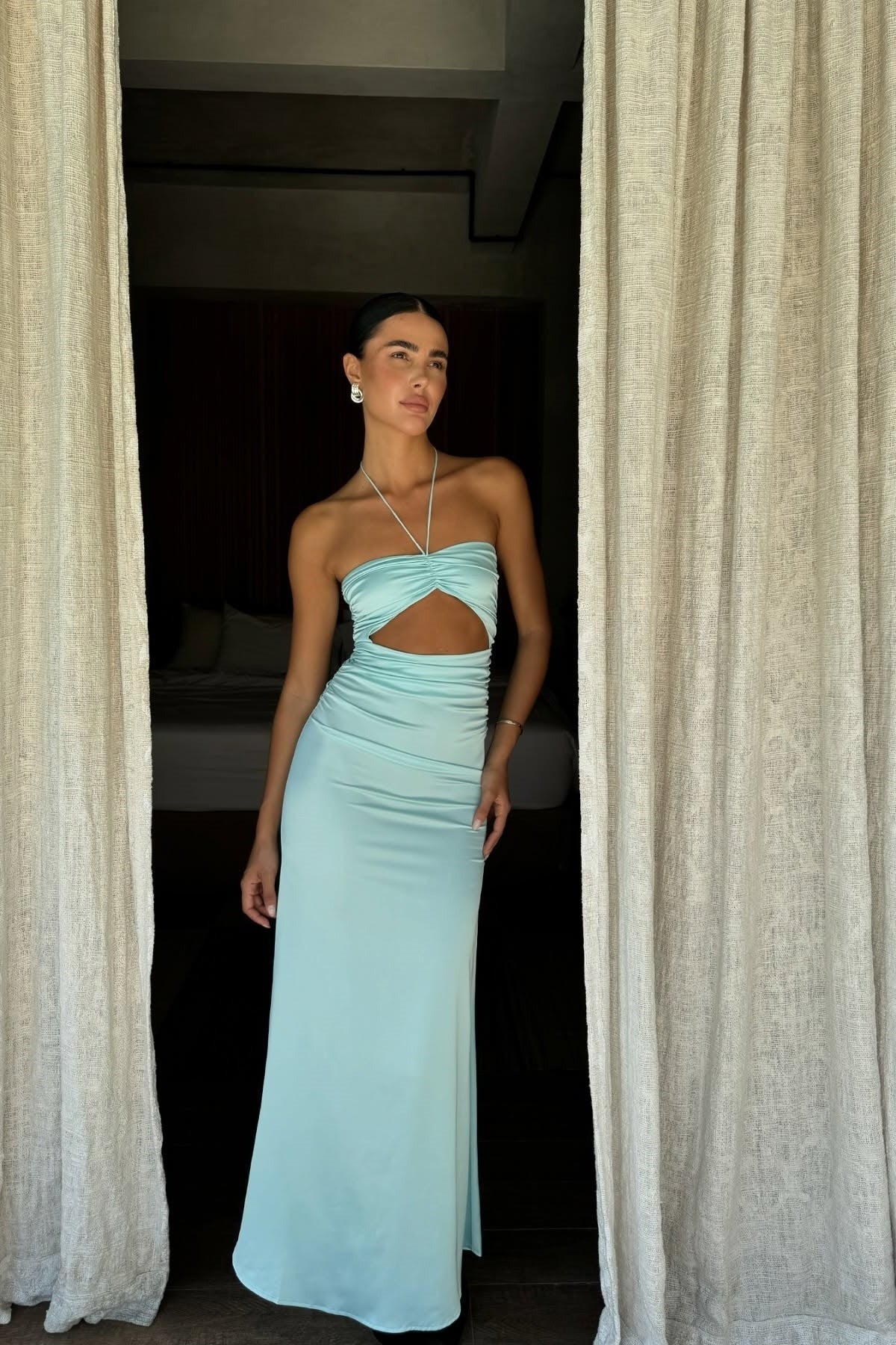 Hot Sheath Halter Neck Teal Mermaid Chiffon Long Party Dresses