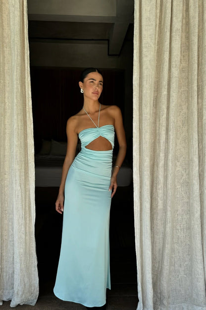 Hot Sheath Halter Neck Teal Mermaid Chiffon Long Party Dresses