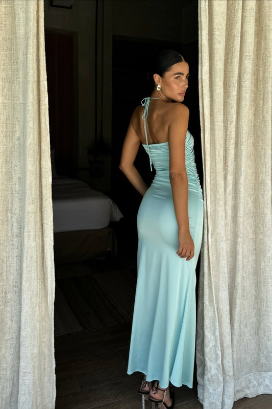 Robe de soirée longue sirène en mousseline sarcelle à col licou et gaine sexy