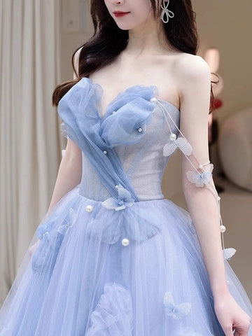 Blue Tulle Off the Shoulder Butterfly A Line Prom Dresses