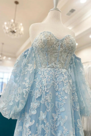 Blue Tulle Butterfly Long Sleeve A Line Prom Dresses