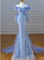 Sexy Blue Mermaid Tulle Sequins Off the Shoulder Prom Dresses