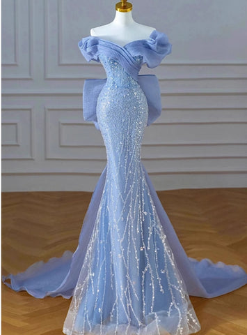Sexy Blue Mermaid Tulle Sequins Off the Shoulder Prom Dresses