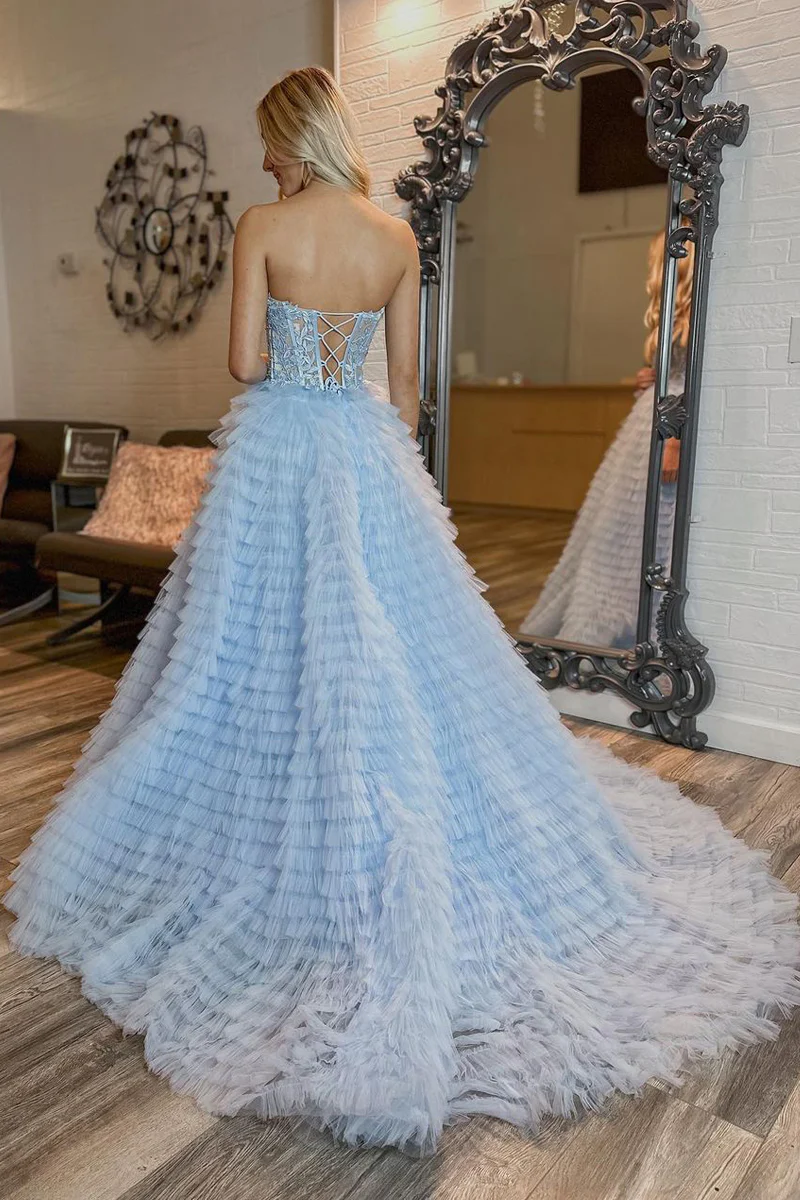 Light Blue Strapless Ruffle Tiered Tulle Long Prom Dresses with Appliq – luladress