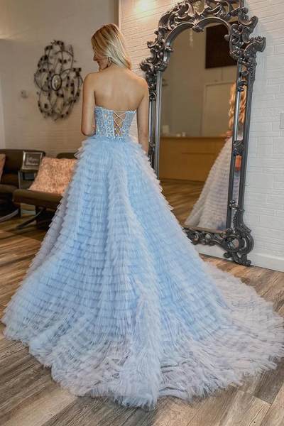 Light Blue Strapless Ruffle Tiered Tulle Long Prom Dresses with Appliques,BD93280