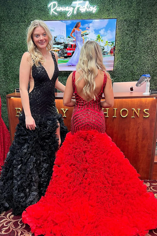 Black V Neck Sequins Mermaid Long Prom Dresse