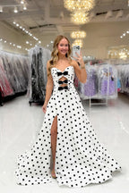 Sweetheart Keyhole White Black Dot Long A Line Satin Prom Dresses