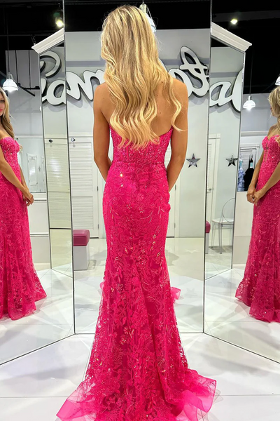 Fuchsia Sweetheart Tulle Lace Long Prom Dresses with Appliques,BD93309