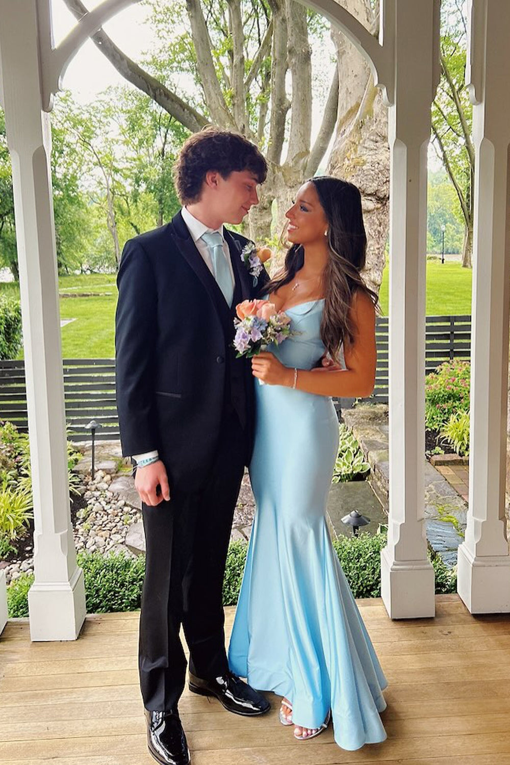 Mermaid V Neck Light Blue Elastic Satin Long Prom Dresses