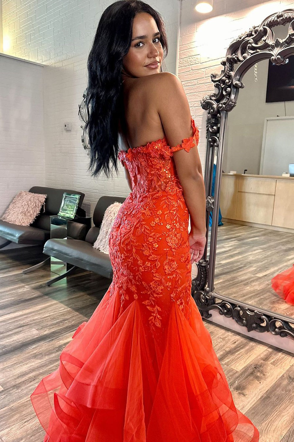 Off the Shoulder Orange Lace Mermaid Long Prom Dresses