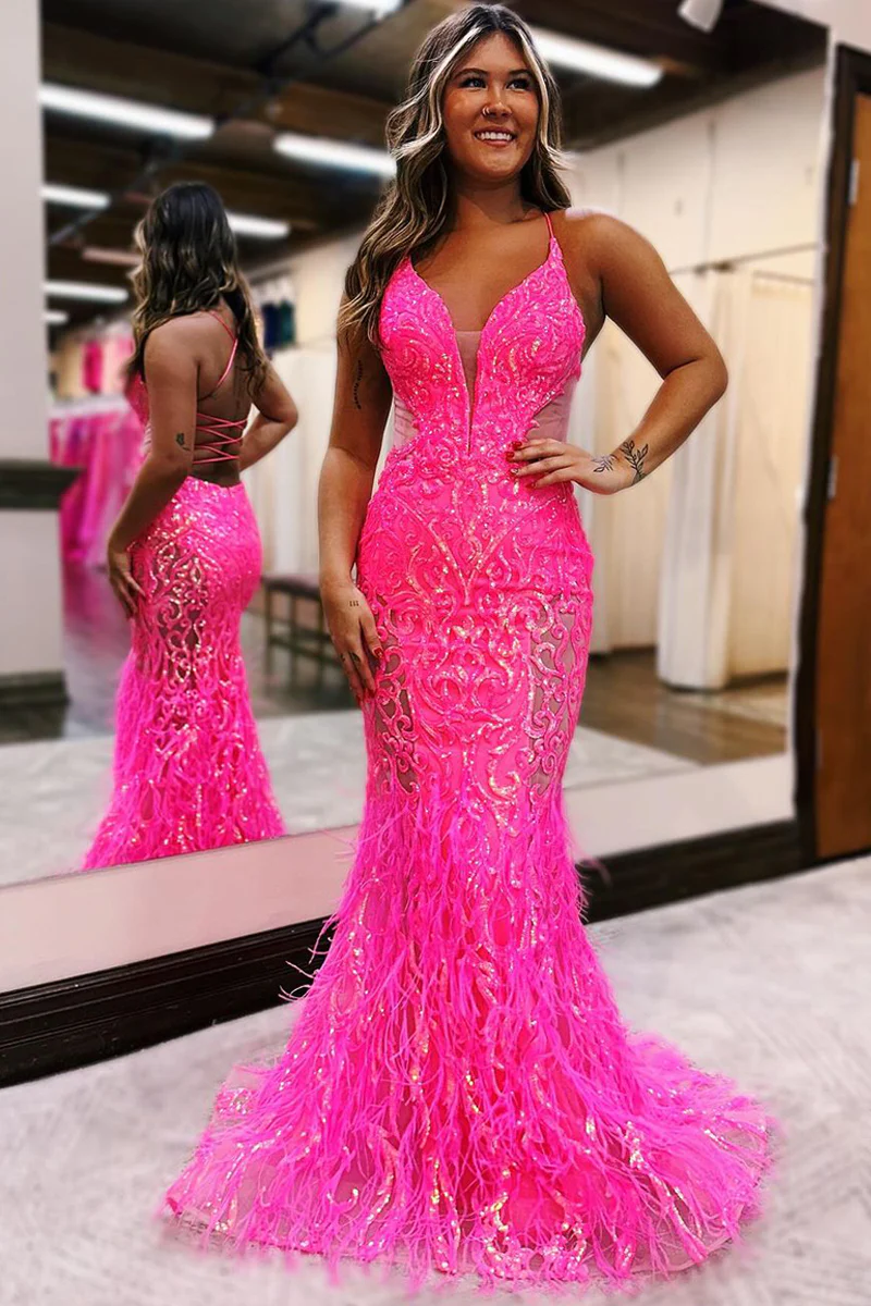 Lace Fuchsia V Neck Sequin Mermaid Long Prom Dresses – luladress Lace Fuchsia V Neck Sequin Mermaid Long Prom Dresses – luladress