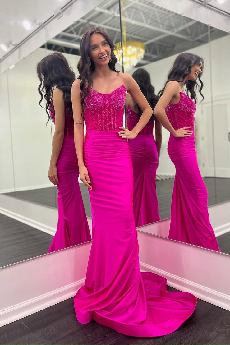 Mermaid Strapless Silver Long Satin Prom Dresses