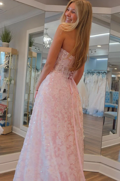 Cute Pink Flowers Lace  A-Line Long Prom Dresses,BD93299