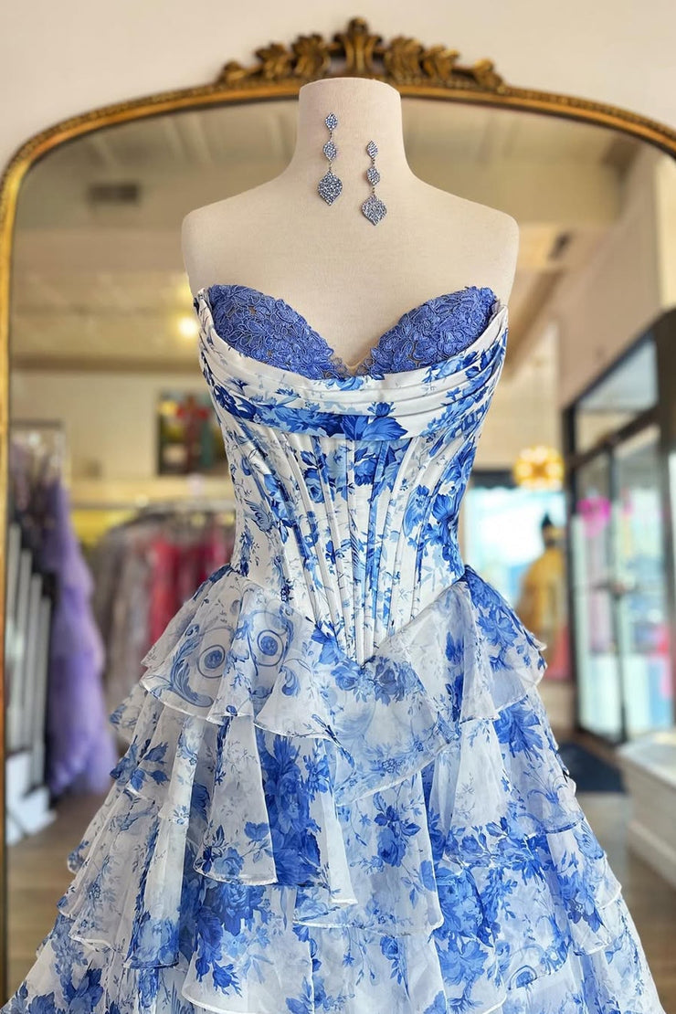 A Line Sweetheart Blue Floral Chiffon Prom Dresses