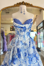 A Line Sweetheart Blue Floral Chiffon Prom Dresses