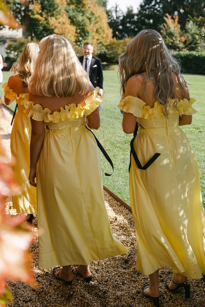 Yellow Off the Shoulder Ruffle Cotton Ankle Length Bridesmaid Dresses Yellow / 10 Yellow Off the Shoulder Ruffle Cotton Ankle Length Bridesmaid Dresses Yellow / 10
