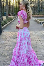V Neck Pink Floral Printed Long A-Line Chiffon Prom Dresses