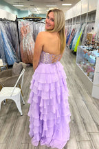 A Line Sweetheart Lavender Chiffon Tiered Prom Dresses