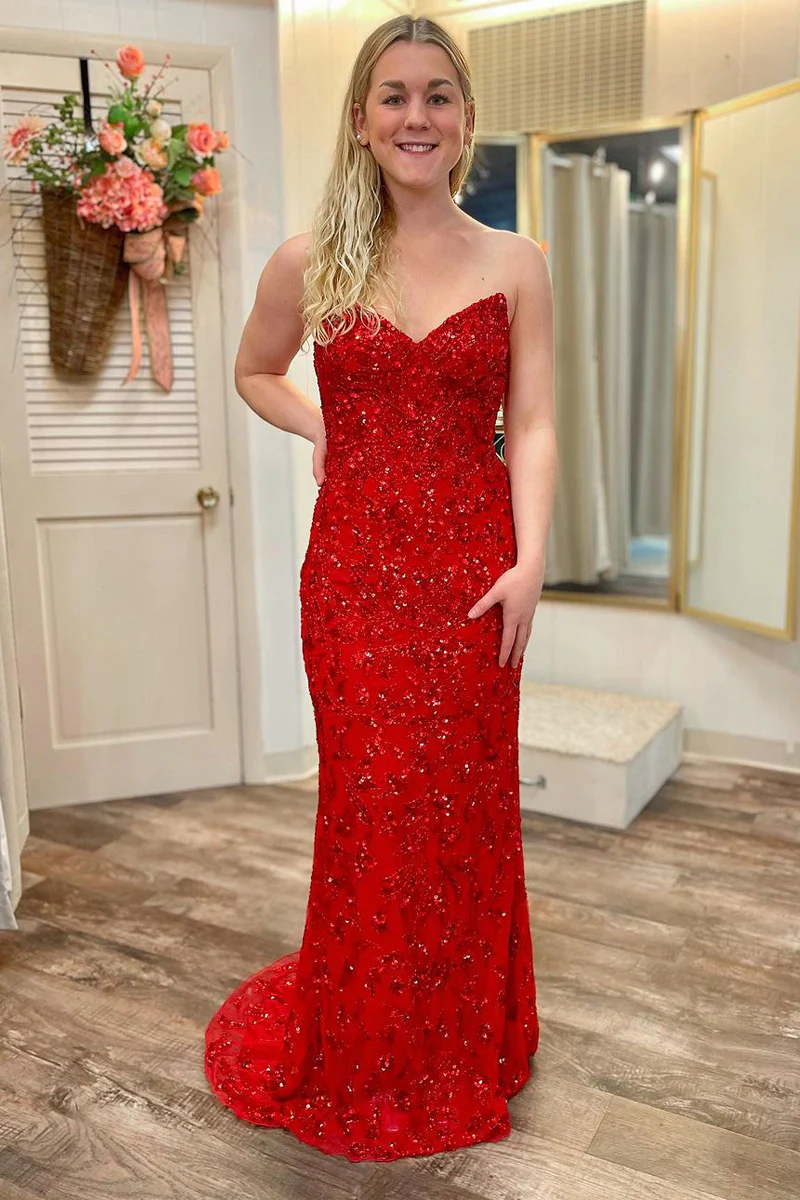 Red Strapless Sequin Lace Mermaid Long Prom Dresses luladress Red Strapless Sequin Lace Mermaid Long Prom Dresses luladress