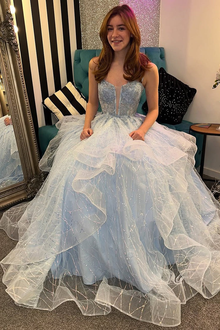 V Neck A Line Pink Ruffled Tulle Prom Dresses