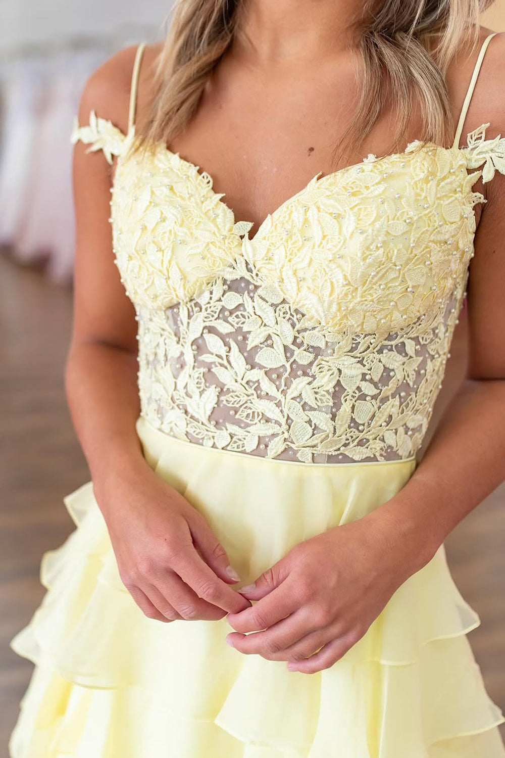 A-Line Cold Shoulder Yellow Ruffle Tiered Long Prom Dresses luladress A-Line Cold Shoulder Yellow Ruffle Tiered Long Prom Dresses luladress