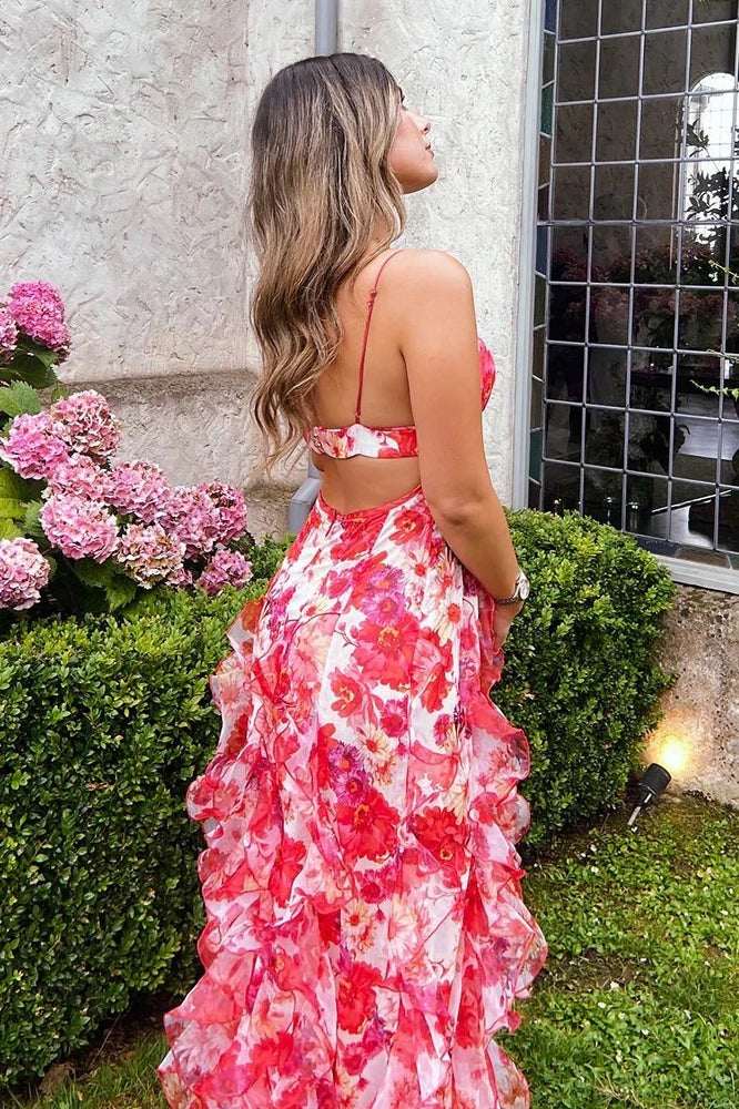 A Line Spaghetti Straps Blue Floral Printed Long Prom Dresses