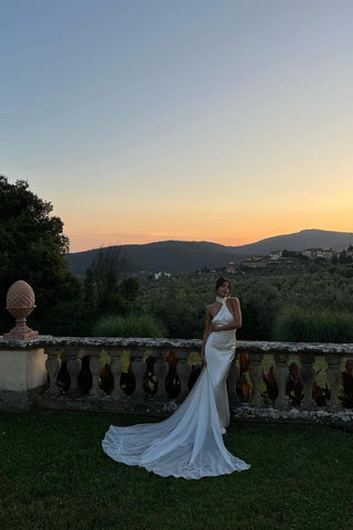 Elegant Mermaid Halter Neck White Long Bridal Dresses