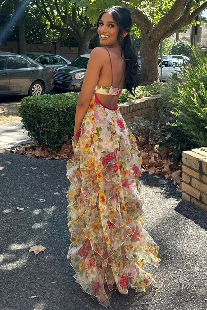 A Line Spaghetti Straps Blue Floral Printed Long Prom Dresses