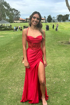 Scoop Neck Red Satin Slit Mermaid Prom Dresses