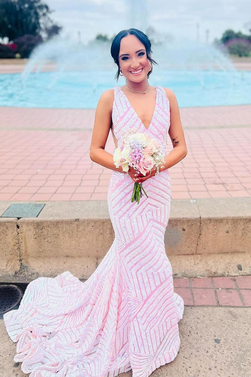 Light Pink Sequins V Neck Mermaid Long Prom Dresses – luladress